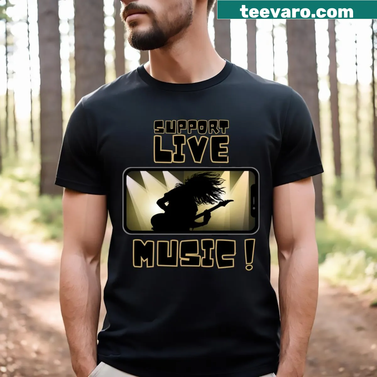 Illustration promoting live music support on a T-shirt — on a men's t-shirt