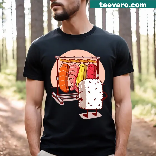 Playful sushi graphic with the word 'Olipop' on a T-shirt.