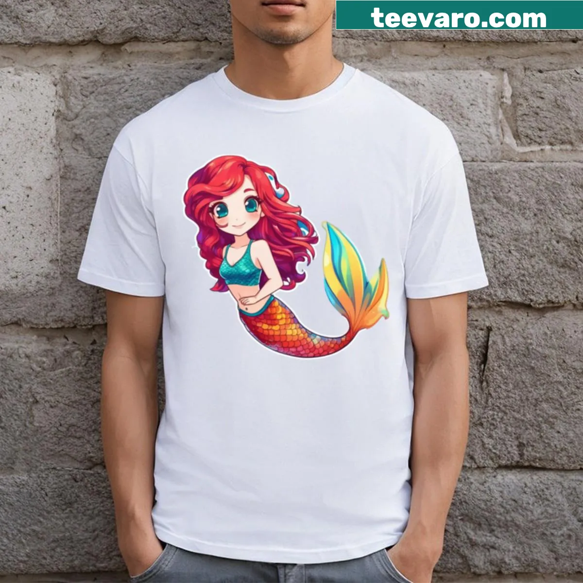 Whimsical illustration t-shirt featuring The Mermaid And The Whale — on a men's t-shirt