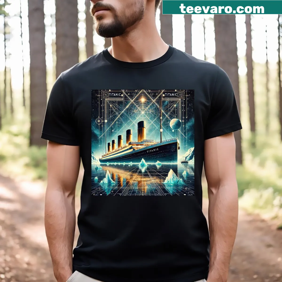 T-shirt honoring the Titanic's celestial voyage with a historic graphic. — on a men's t-shirt