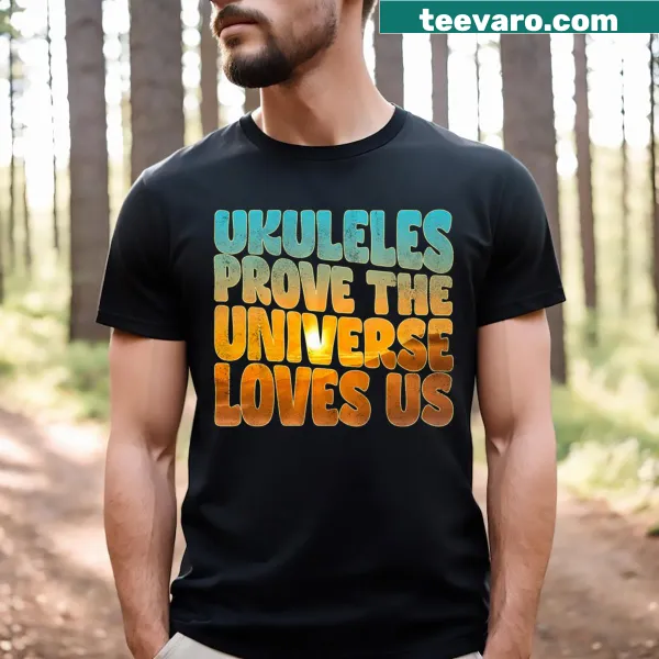 Whimsical T-shirt featuring ukuleles and a positive message