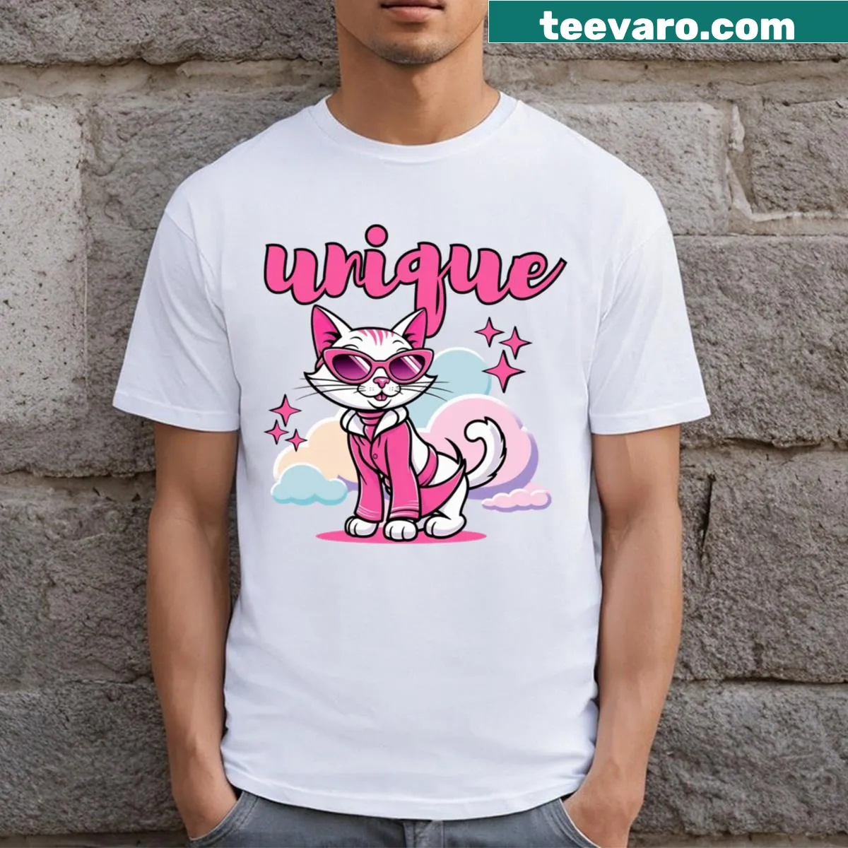 Illustration of a cute unique pink cat on a T-shirt — on a men's t-shirt
