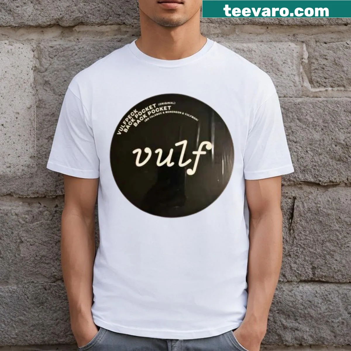 Vintage-style T-shirt with a record graphic in the back pocket — on a men's t-shirt