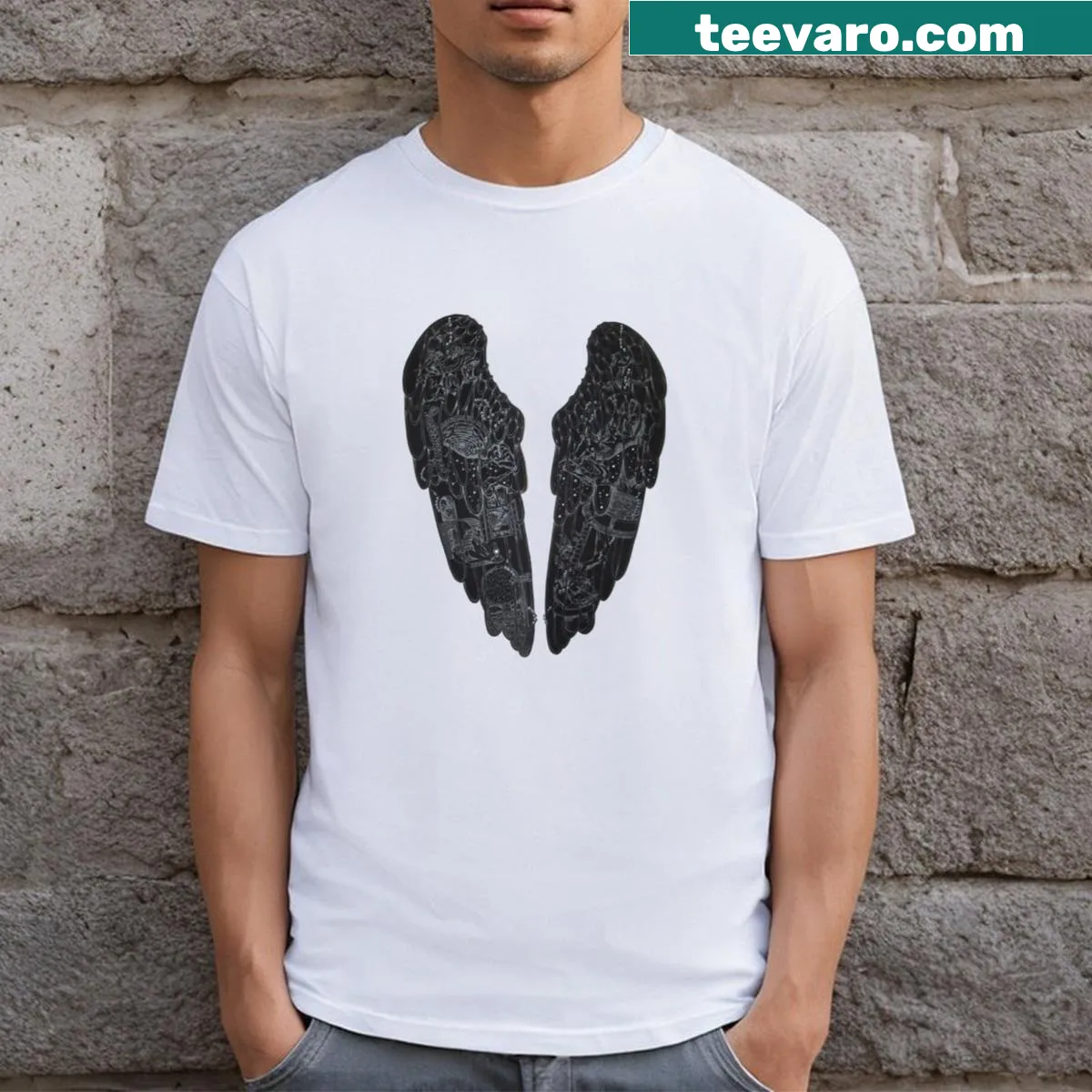 T-shirt with stylized wings graphic and the word 'Freedom' beneath — on a men's t-shirt