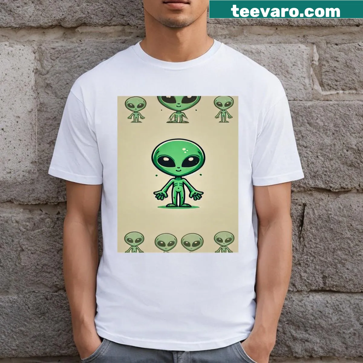 Cartoon alien t-shirt with a friendly design — on a men's t-shirt