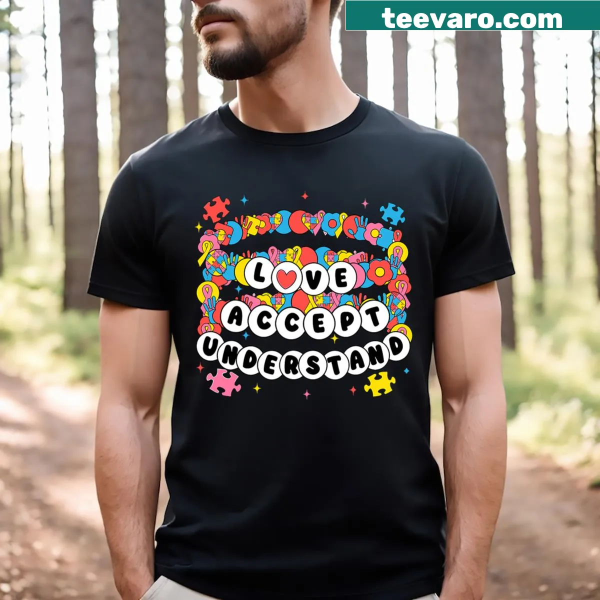Autism awareness t-shirt with friendship bracelet symbolism — on a men's t-shirt