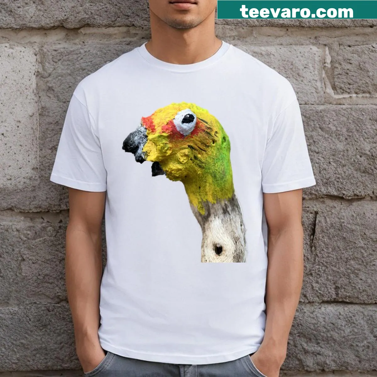 Illustration of a baby parrot painted on rustic wood — on a men's t-shirt