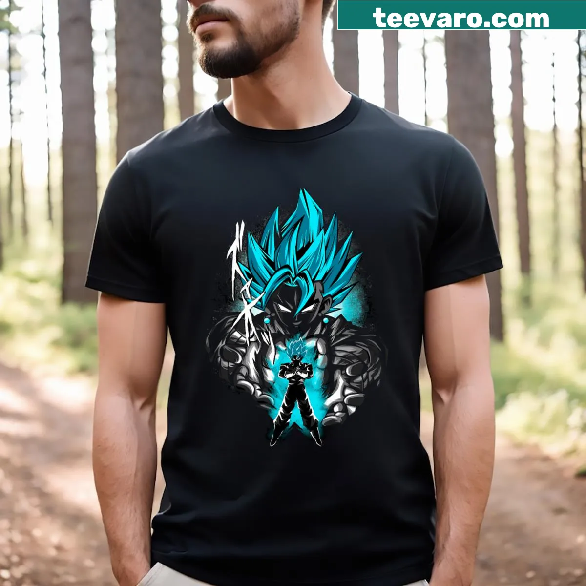 Cartoon graphic of Goku on a playful anime t-shirt — on a men's t-shirt