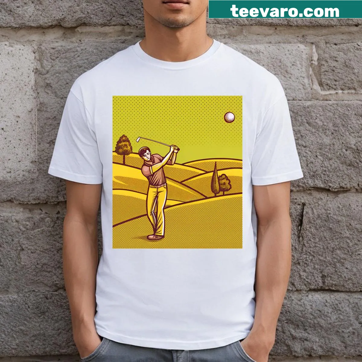 Illustration of a serene golf course landscape on a T-shirt. — on a men's t-shirt