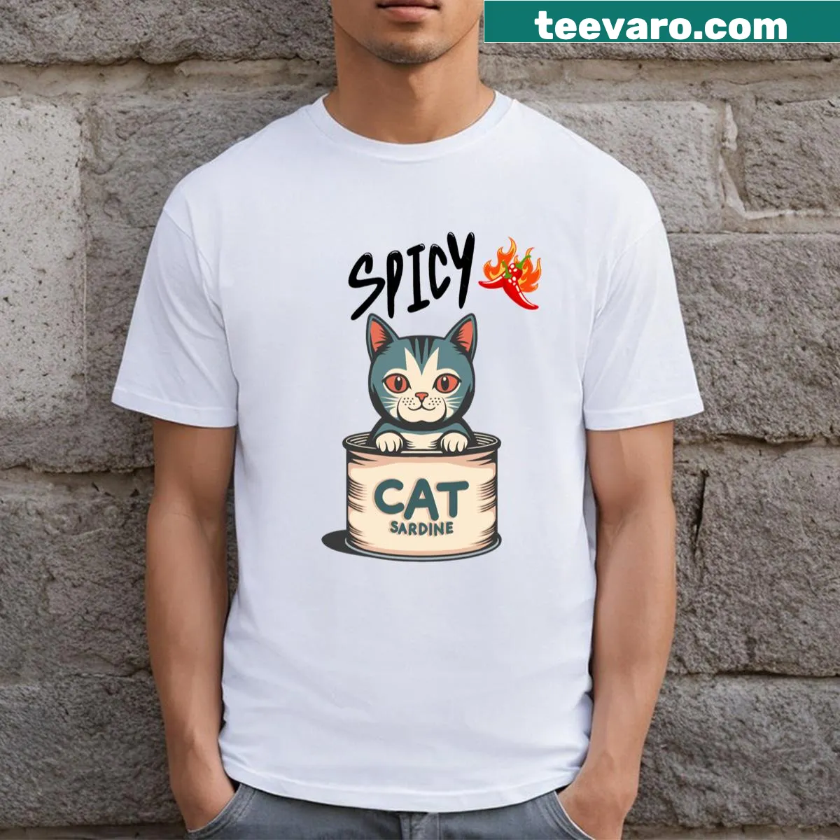 Funny T-shirt featuring a cat with spicy sardines graphic. — on a men's t-shirt