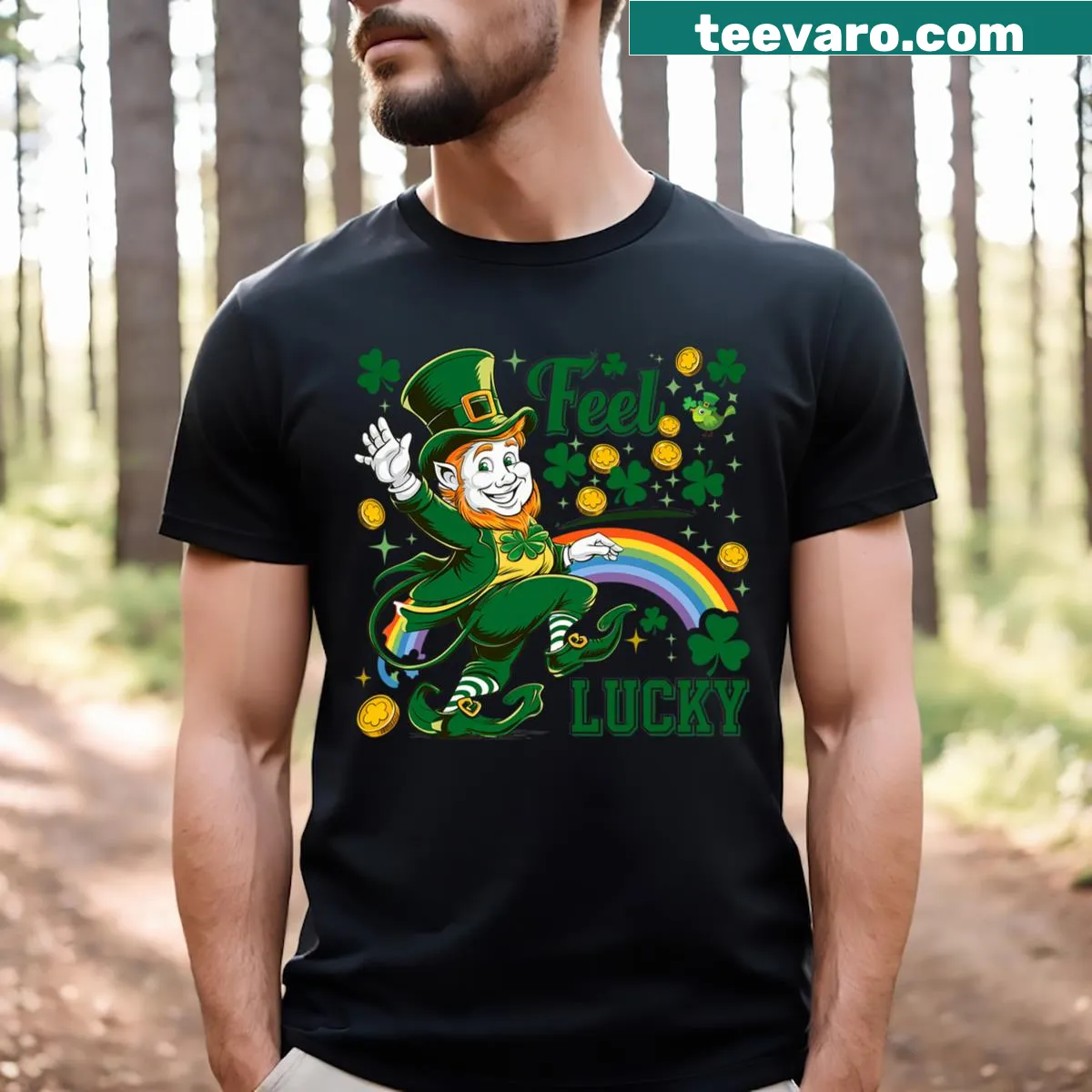 Cheerful leprechaun t-shirt for St. Patrick's Day with a playful design — on a men's t-shirt
