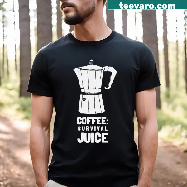 Funny T-shirt with moka pot and 'Coffee Survival Juice' text.