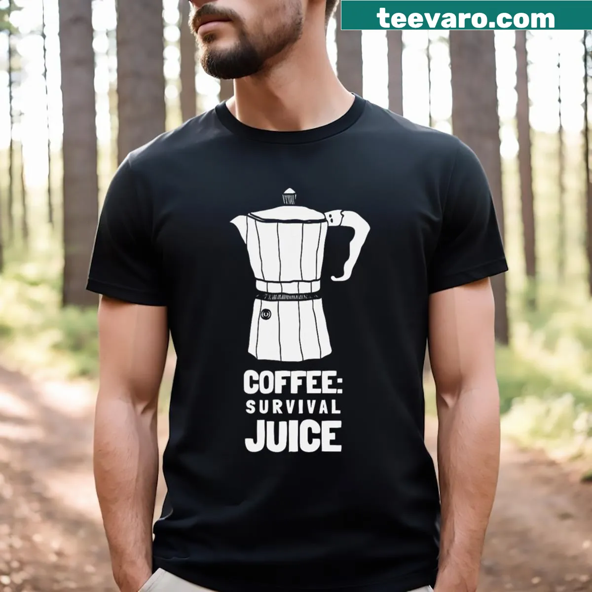 Funny T-shirt with moka pot and 'Coffee Survival Juice' text. — on a men's t-shirt