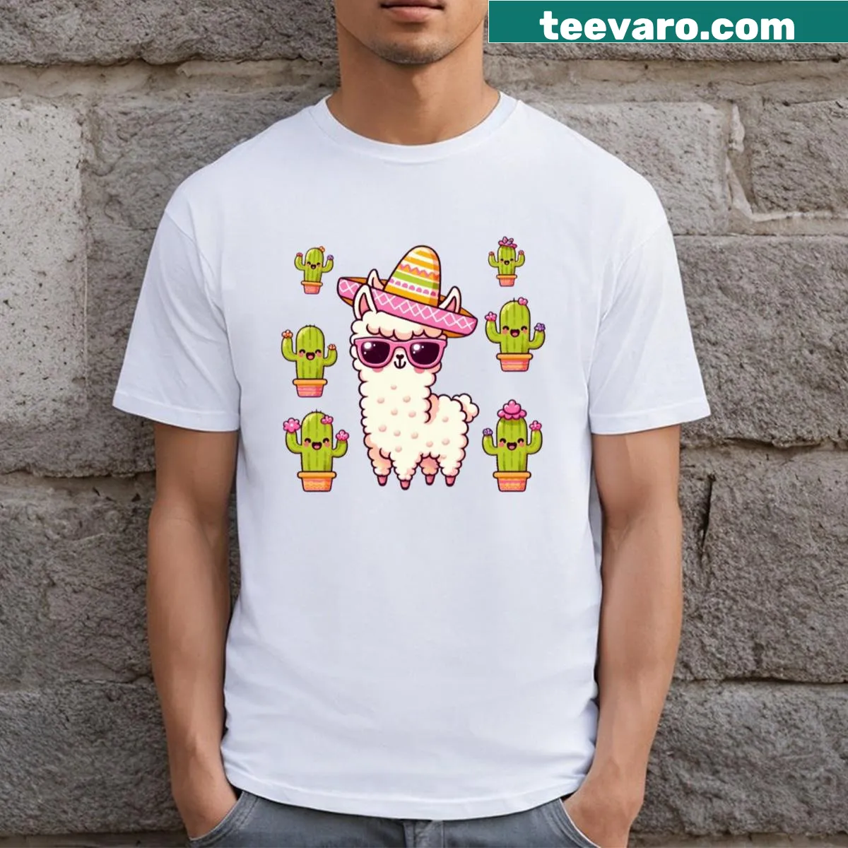 Funny T-shirt with a cartoon llama wearing sunglasses and sombrero — on a men's t-shirt