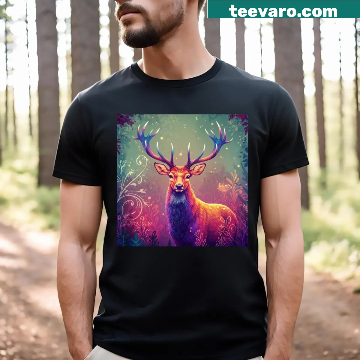 Cute deer hunting t-shirt featuring a buck in a forest design — on a men's t-shirt