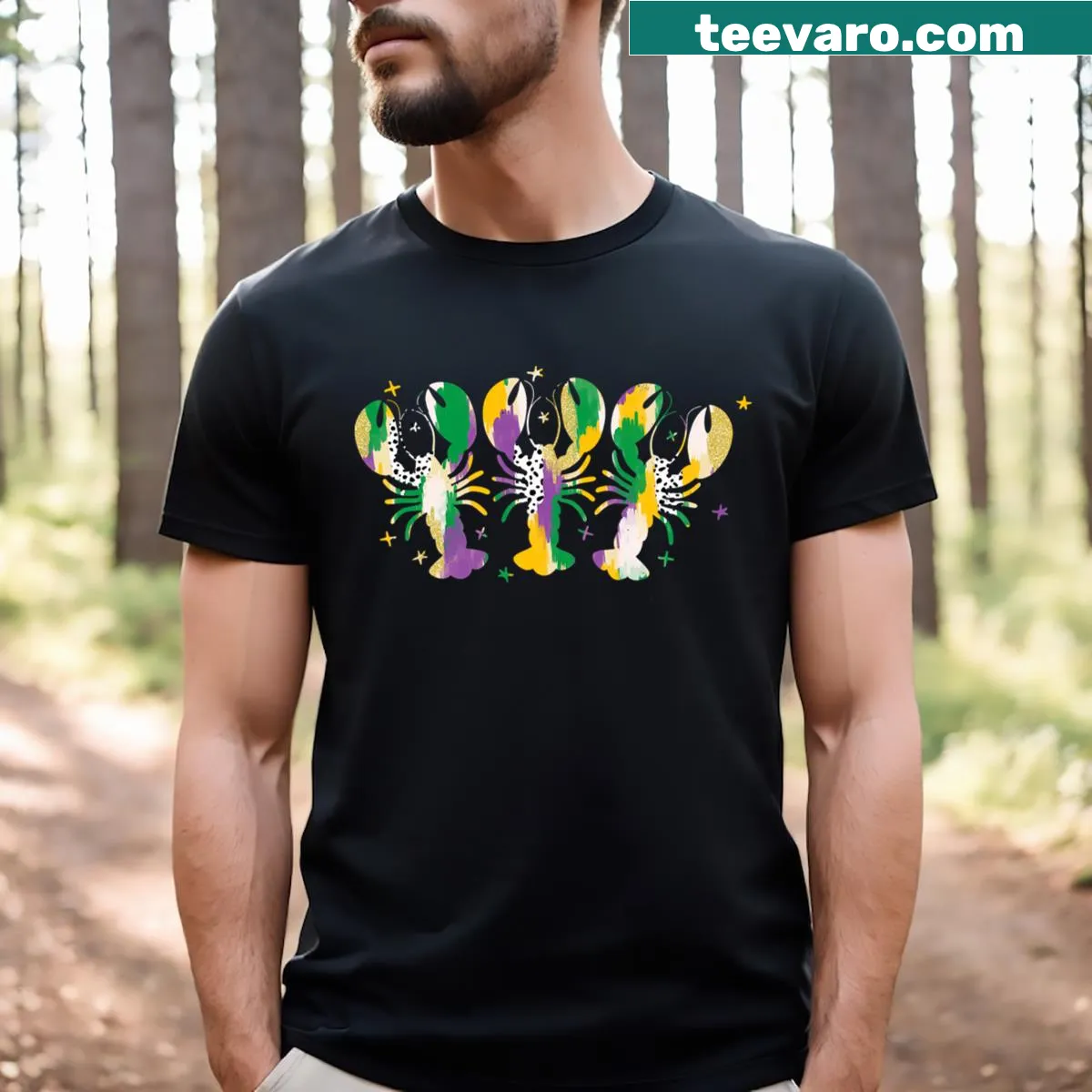 Whimsical crawfish design on a festive Mardi Gras t-shirt — on a men's t-shirt