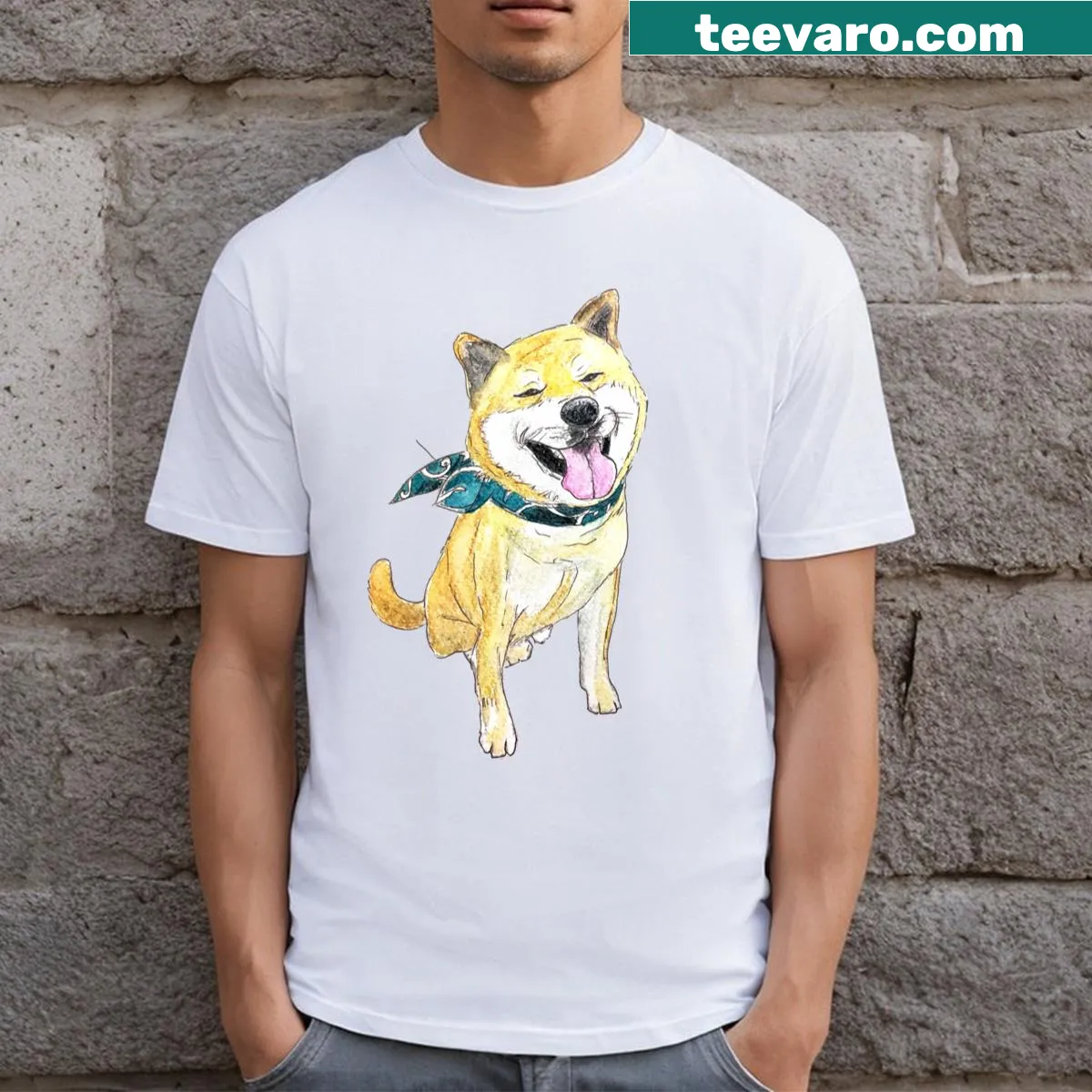 Adorable Shiba Inu wearing a scarf on a t-shirt — on a men's t-shirt