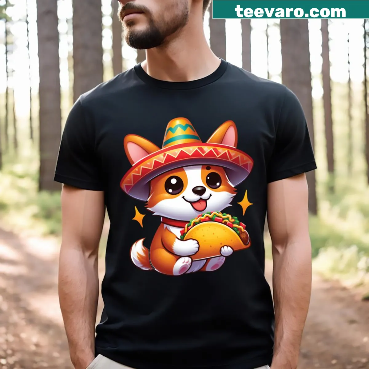 Cartoon corgi holding a taco in a festive Cinco de Mayo hat — on a men's t-shirt