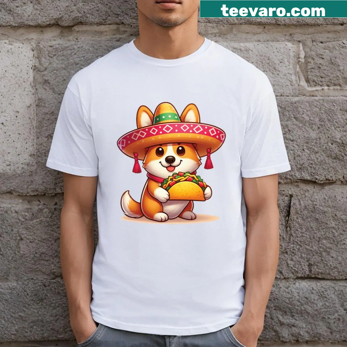 Adorable Corgi holding a taco wearing a sombrero for Cinco De Mayo — on a men's t-shirt