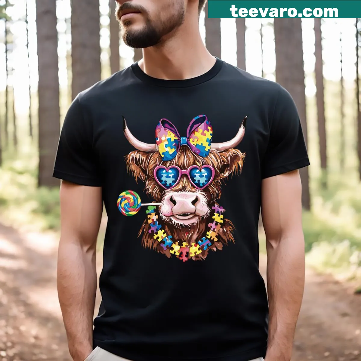 Illustration of a cute Highland cow for autism awareness — on a men's t-shirt