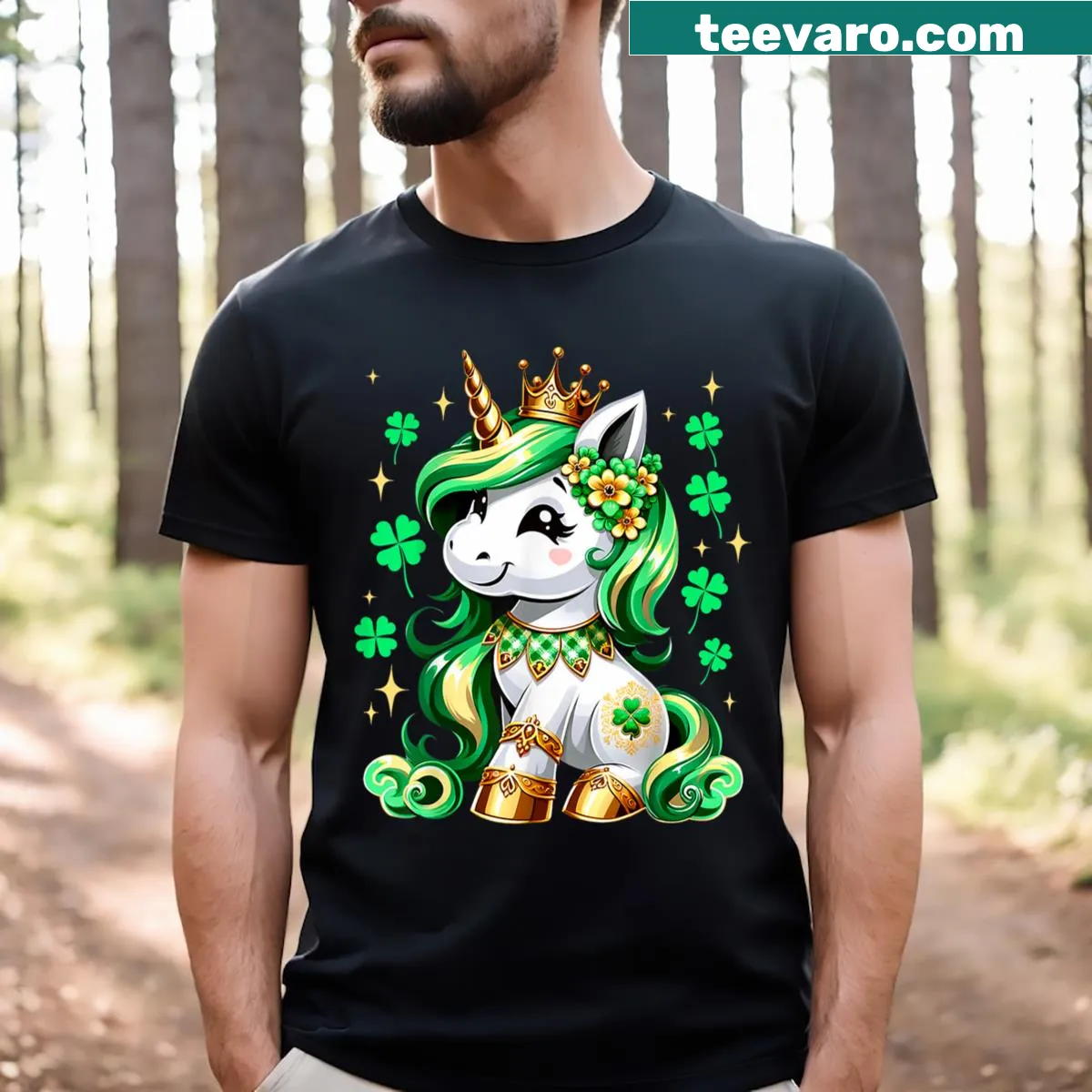 Charming unicorn with shamrocks on a kids' St. Patrick's Day t-shirt — on a men's t-shirt