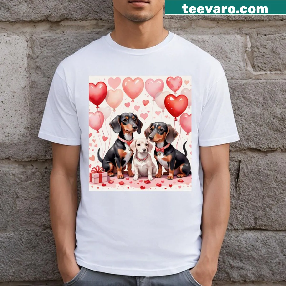 Cute dachshund themed Valentines t-shirt with playful typography. — on a men's t-shirt