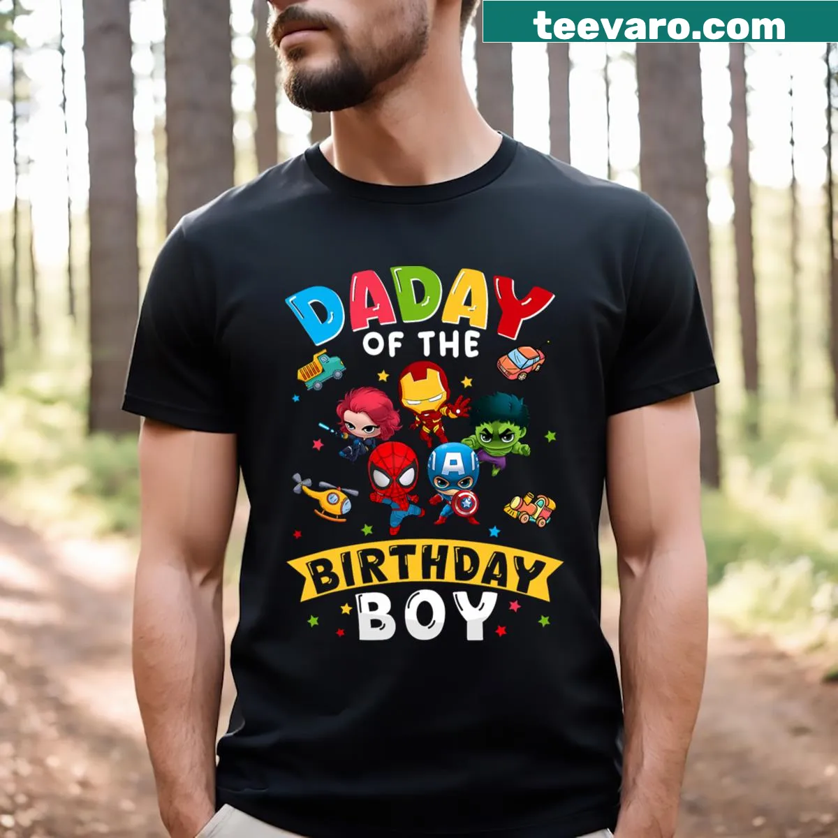 Whimsical graphic design celebrating dads and superheroes — on a men's t-shirt