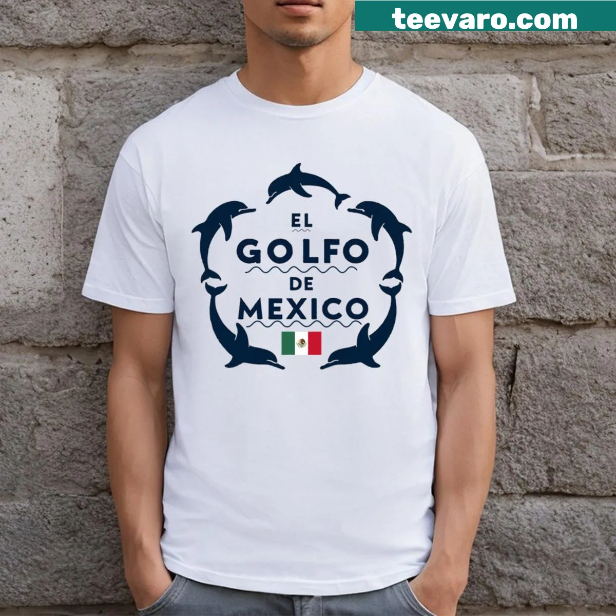 Dolphin t-shirt featuring the Mexican flag and Gulf of Mexico theme — on a men's t-shirt