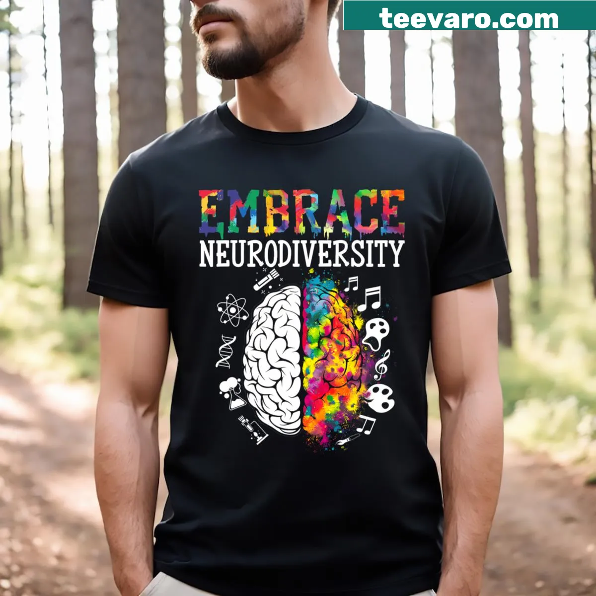Brain graphic promoting neurodiversity on T-shirt — on a men's t-shirt