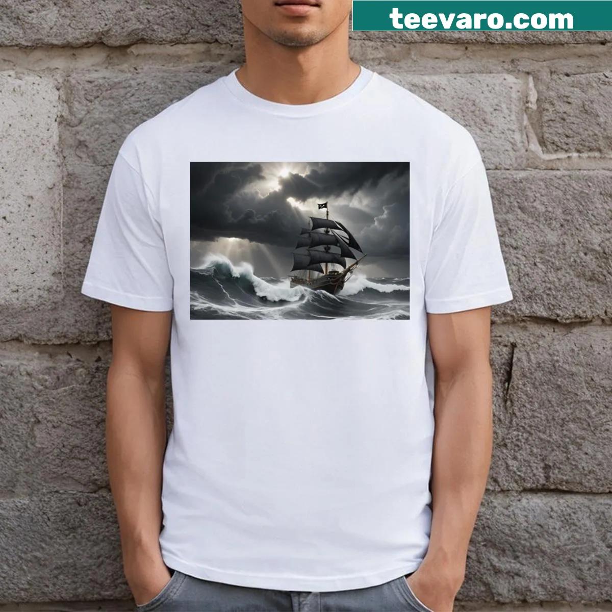 Graphic t-shirt depicting a nautical theme of fighting the sea. — on a men's t-shirt