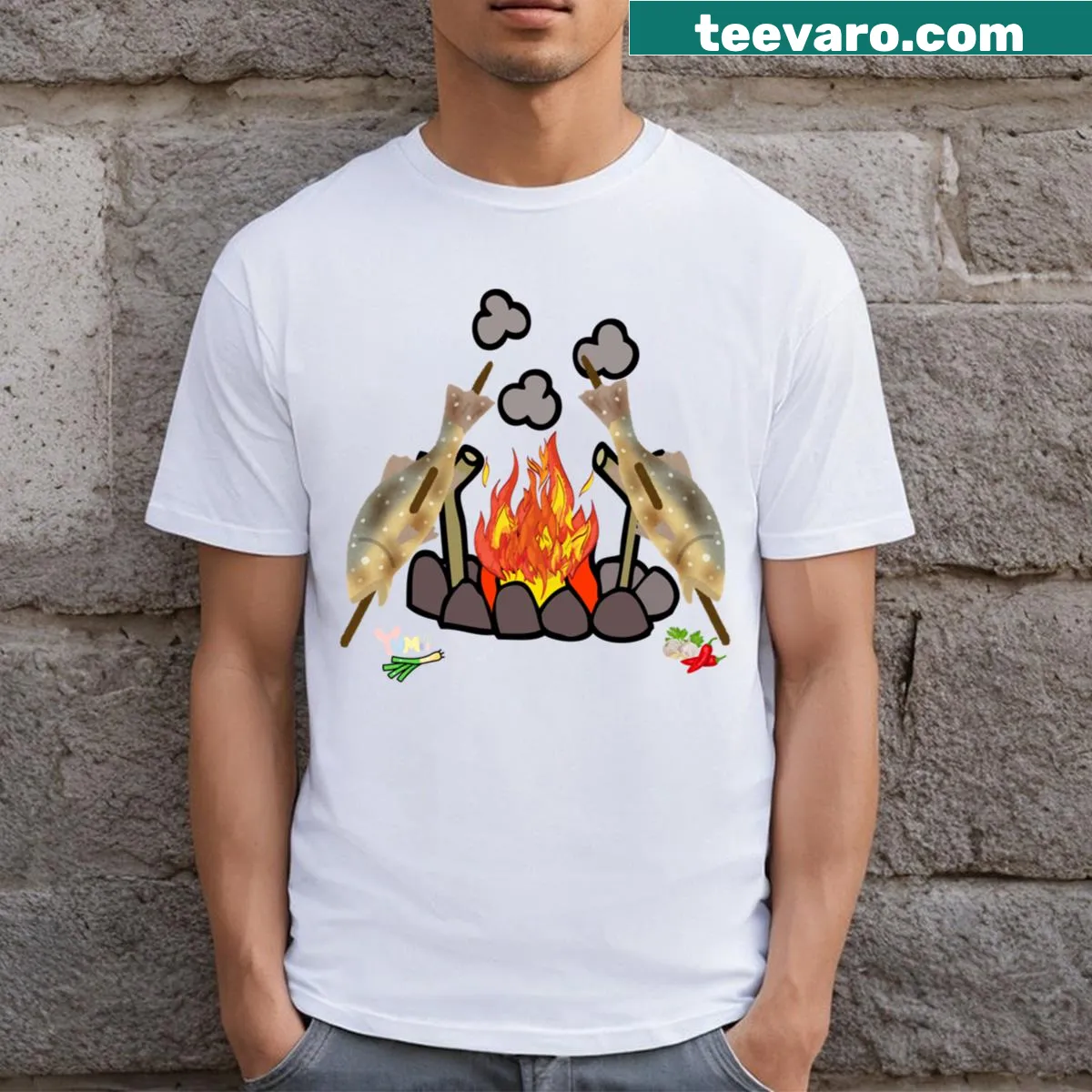 Illustration of fish being cooked over an open fire on a t-shirt — on a men's t-shirt