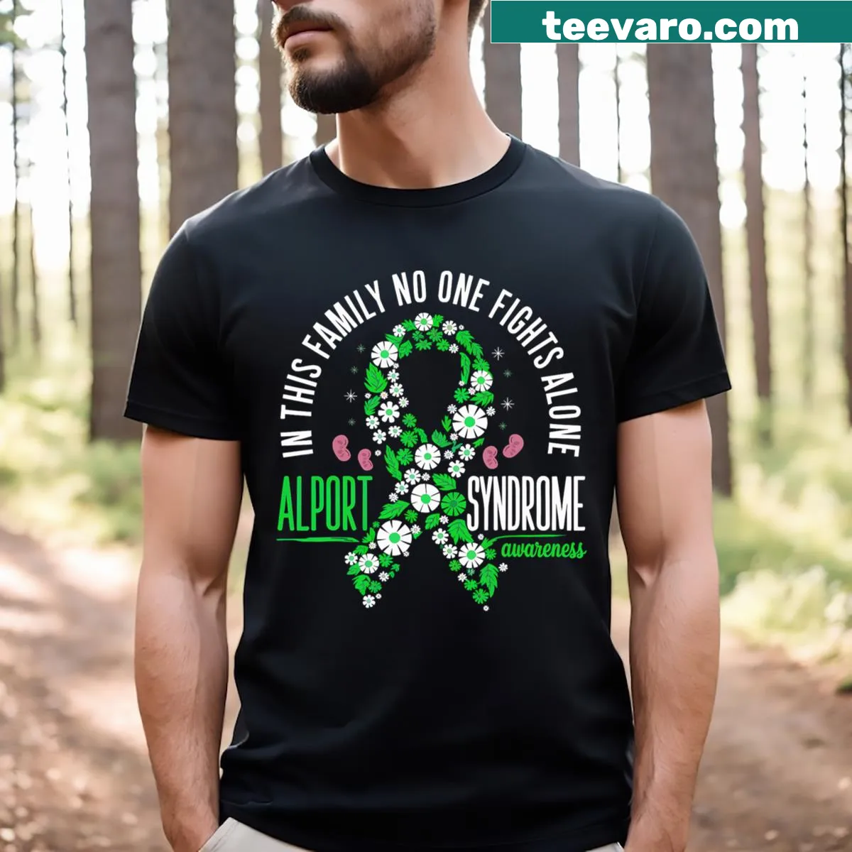 Awareness graphic for Alport Syndrome on T-shirt — on a men's t-shirt