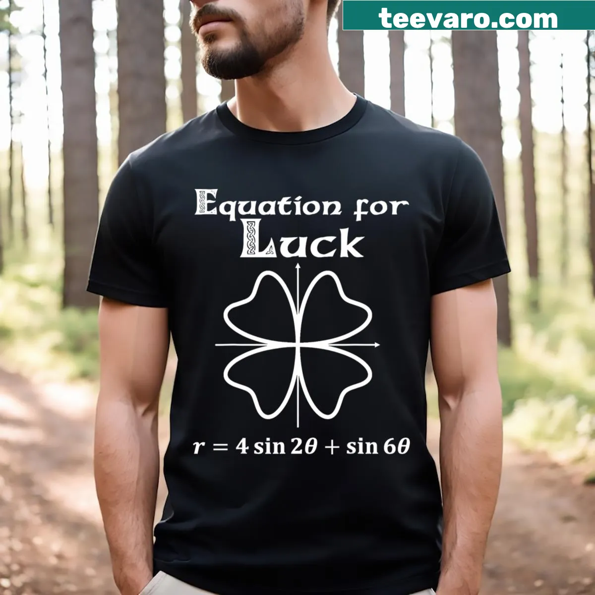 Math teacher t-shirt with humorous luck equation for St. Patrick's Day — on a men's t-shirt
