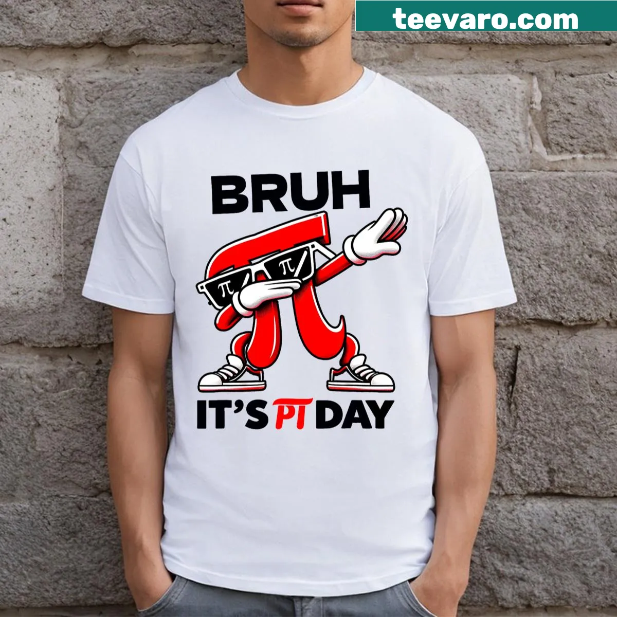 Funny Pi Day T-shirt with dabbing pi symbol design — on a men's t-shirt