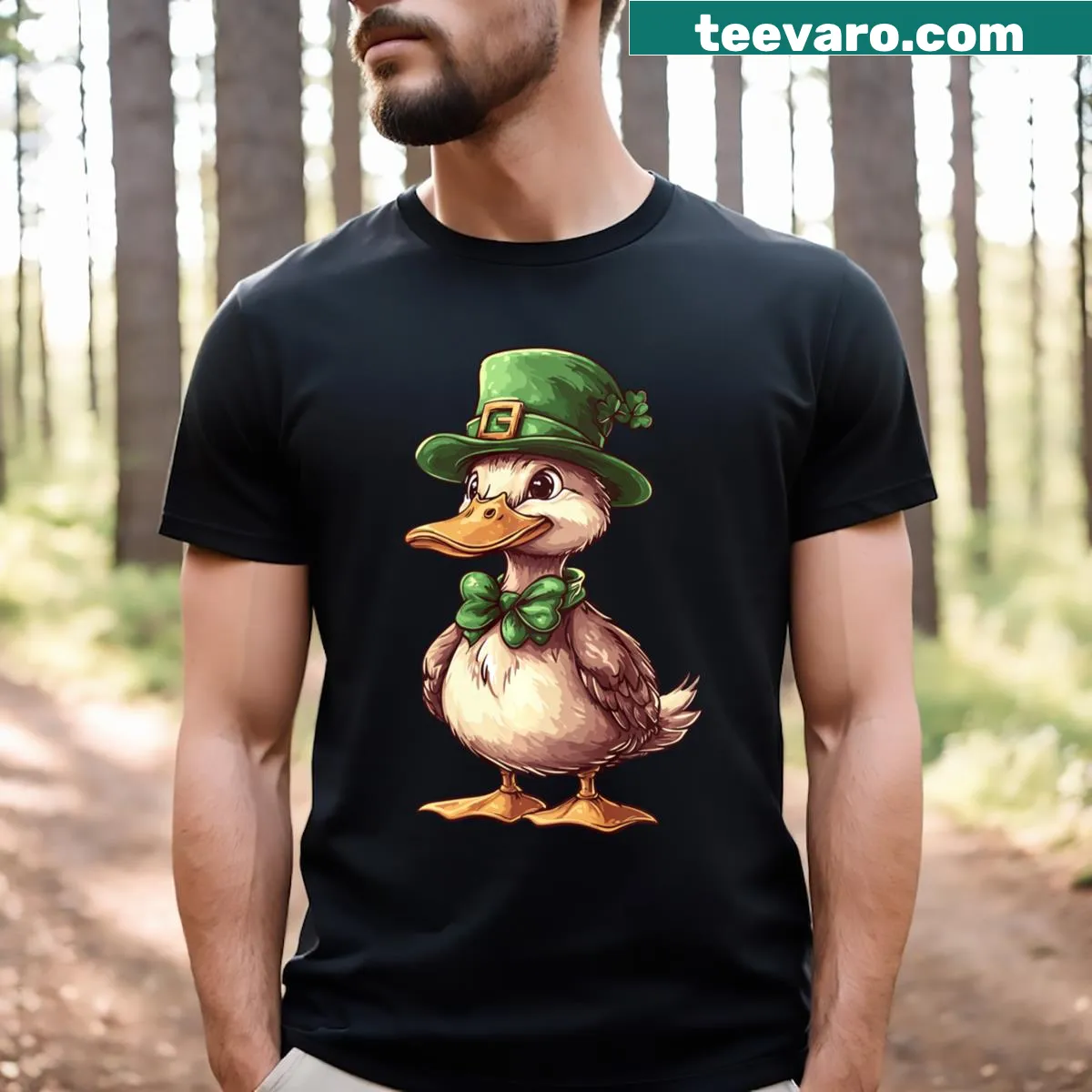 T-shirt featuring a lucky Irish duck wearing a leprechaun hat — on a men's t-shirt