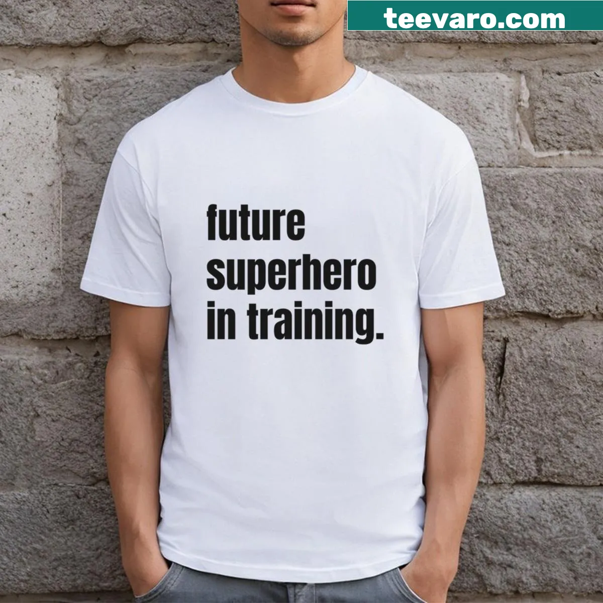 Inspirational superhero loading graphic with motivational quote — on a men's t-shirt