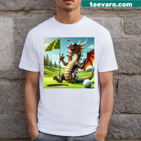 Playful dragon golfing design on a T-shirt