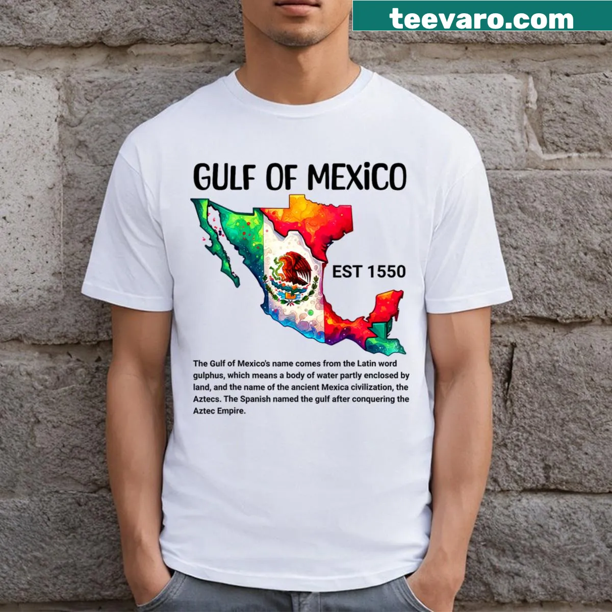 1672 historic map graphic t-shirt of the Gulf of Mexico. — on a men's t-shirt