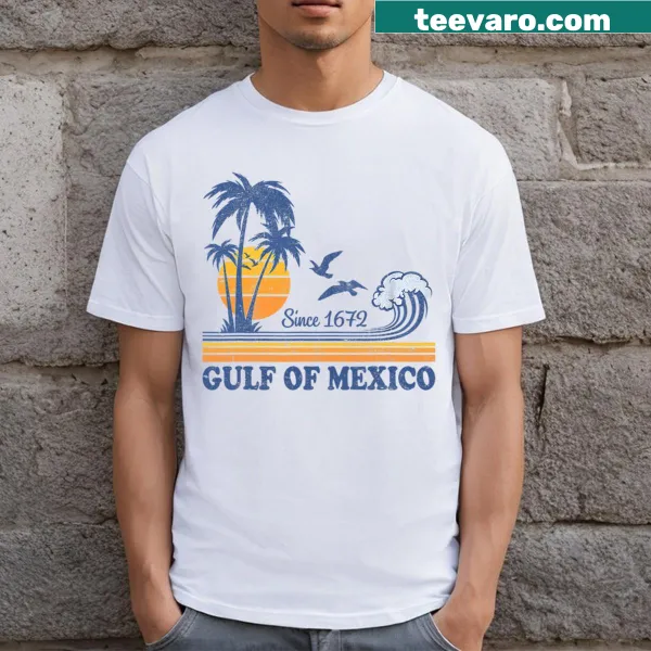 Vintage beach scene t-shirt with Gulf of Mexico 1672 design
