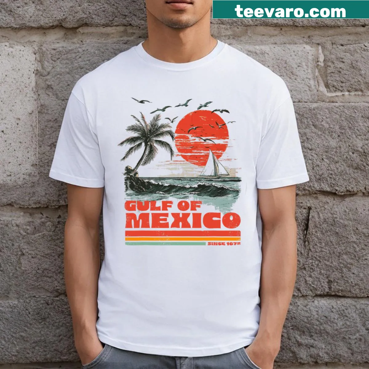 Vintage distressed beach T-shirt featuring Gulf of Mexico theme — on a men's t-shirt