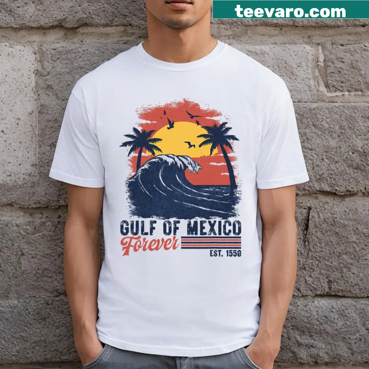 Retro T-shirt featuring beach wave graphic and sunset design — on a men's t-shirt