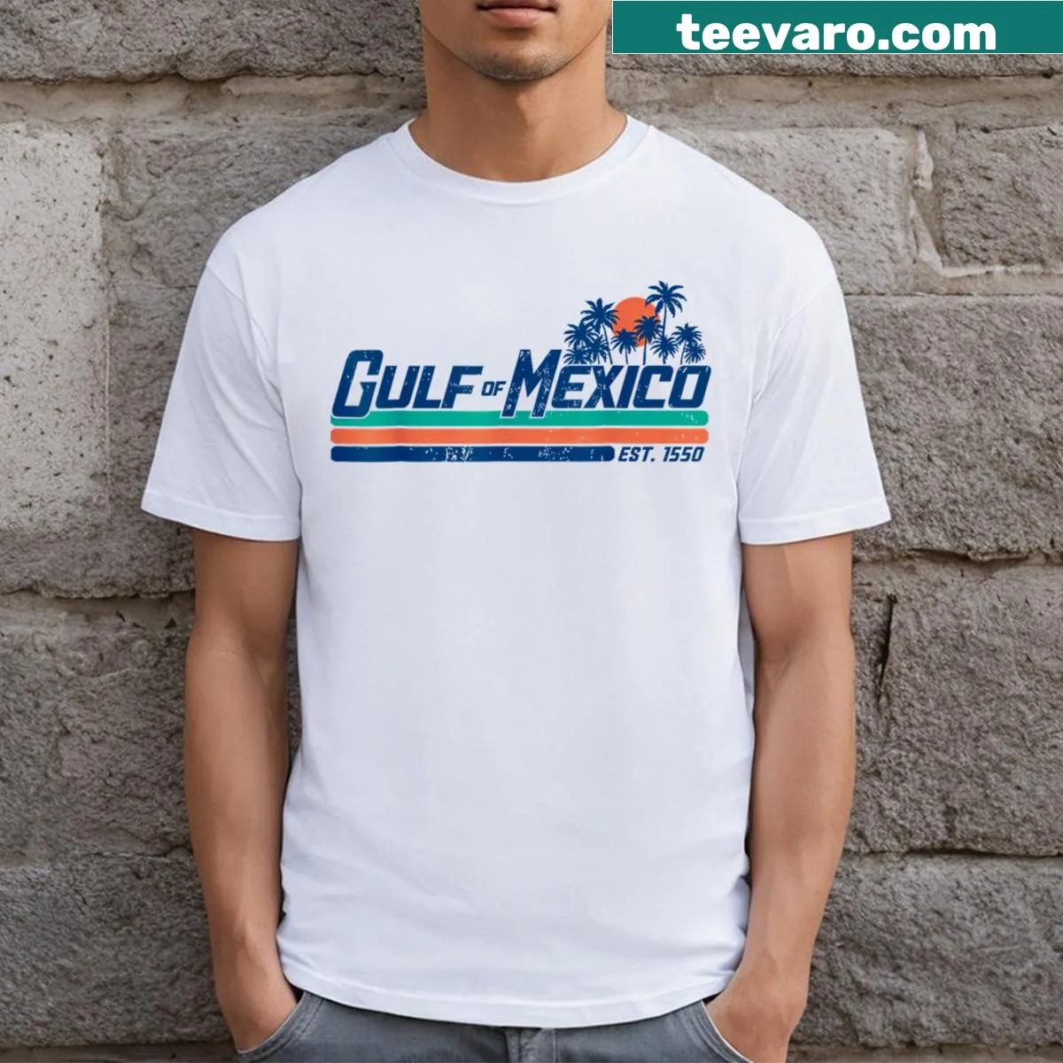 Retro design with Gulf Of Mexico Since 1550 on T-shirt — on a men's t-shirt