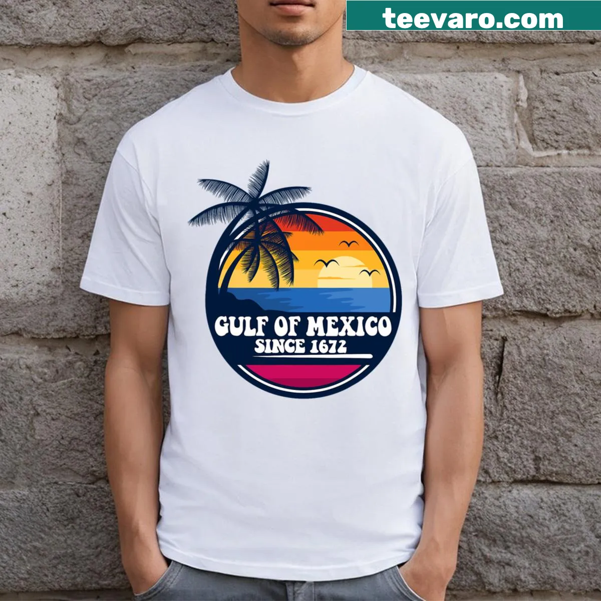 Vintage beach T-shirt celebrating Gulf of Mexico since 1672 — on a men's t-shirt