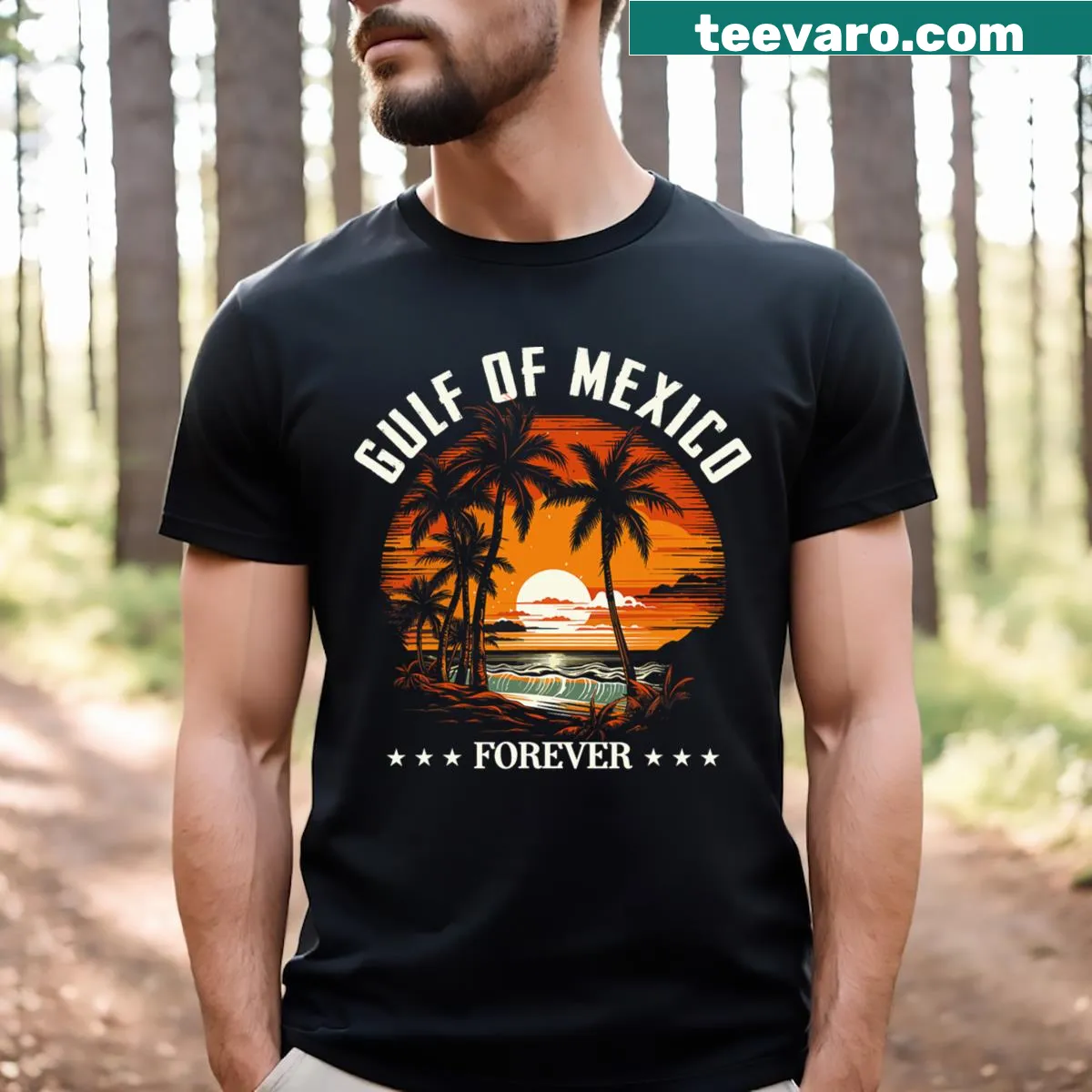 Vintage sunset beach T-shirt celebrating Gulf of Mexico since 1672 — on a men's t-shirt