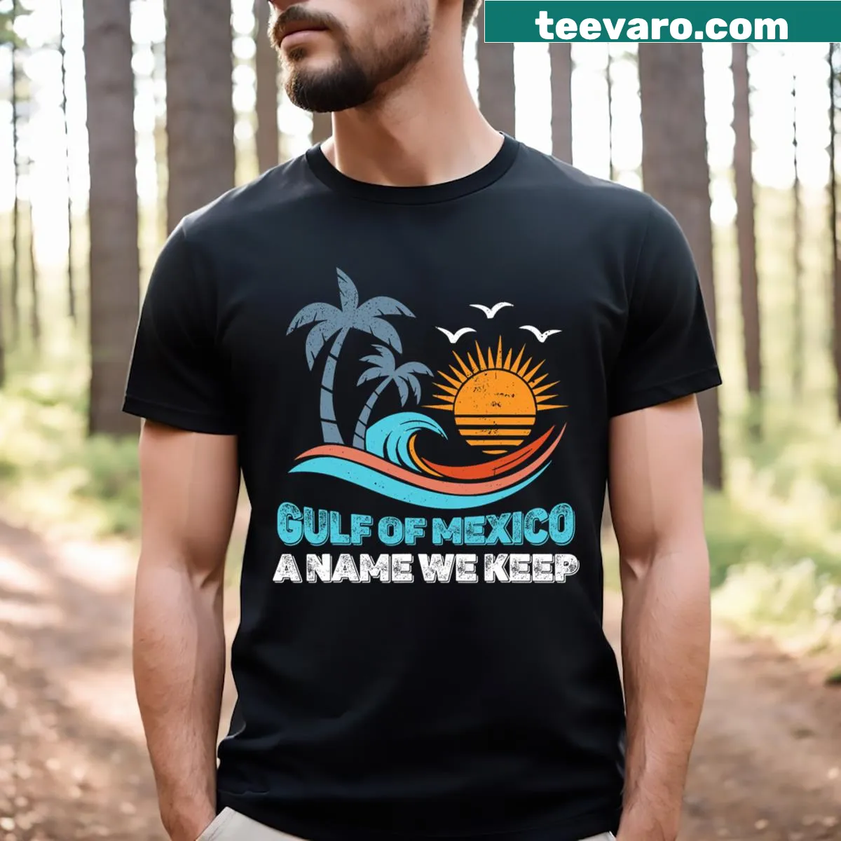 Vintage T-shirt celebrating Gulf of Mexico sunset and palm trees since 1672 — on a men's t-shirt