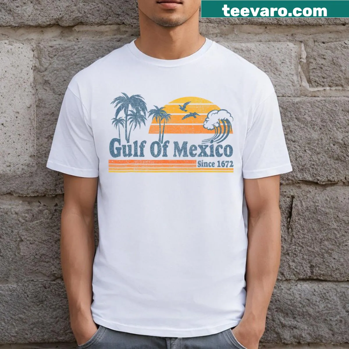 Retro vintage beach T-shirt with Gulf Of Mexico text since 1672 — on a men's t-shirt
