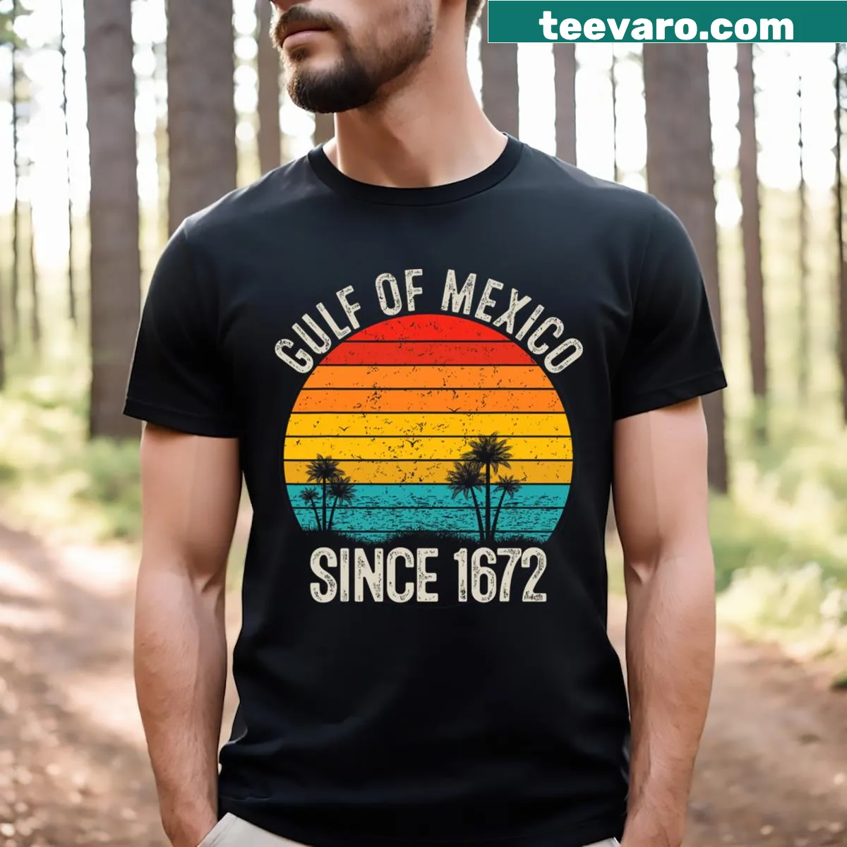 Vintage T-shirt featuring Gulf Of Mexico text since 1672 for summer holidays — on a men's t-shirt