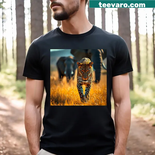 Illustrative T-shirt design featuring a leopard in a dynamic pose