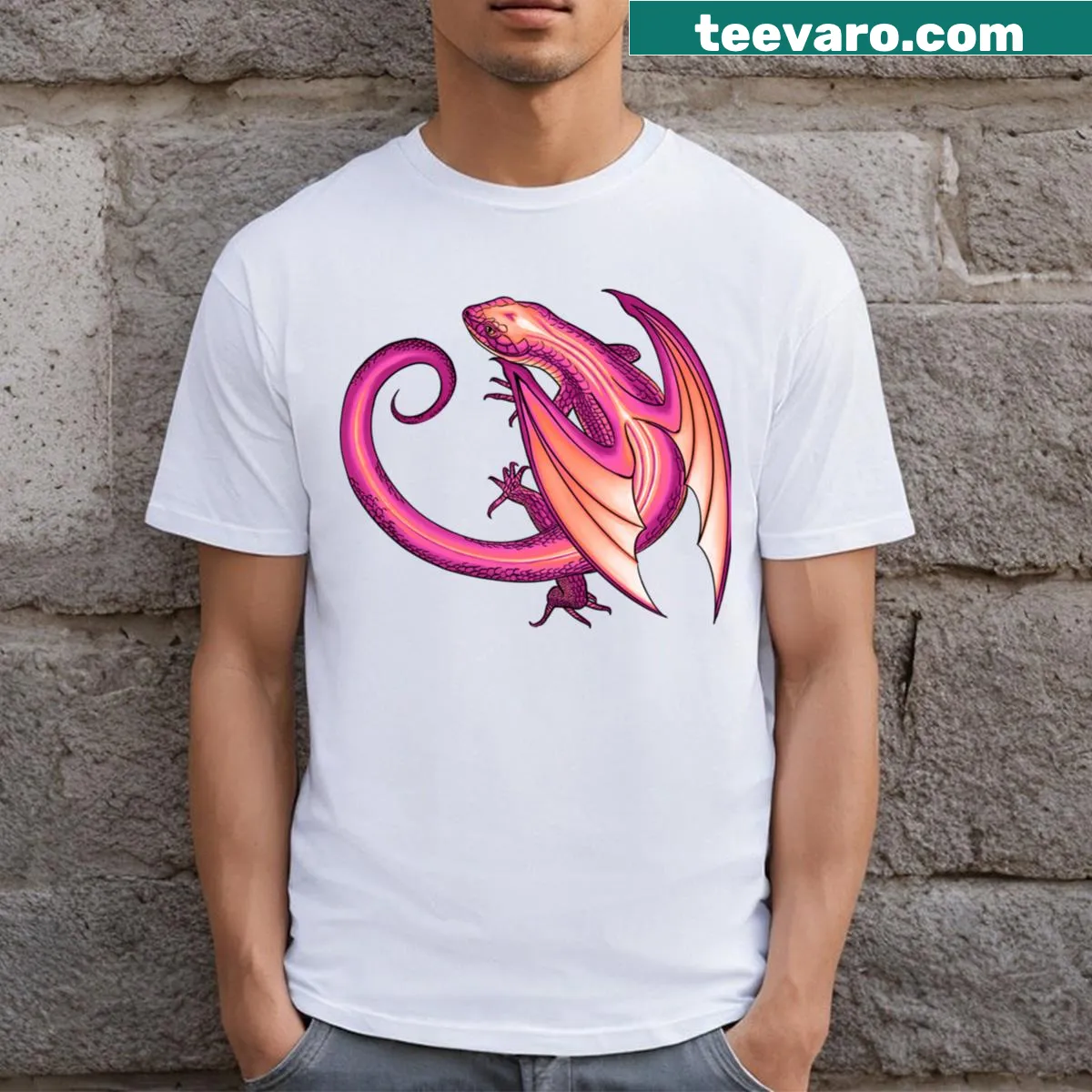 Lesbian pride dragon graphic T-shirt — on a men's t-shirt
