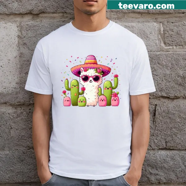 Playful t-shirt featuring a festive llama design for a fun atmosphere.
